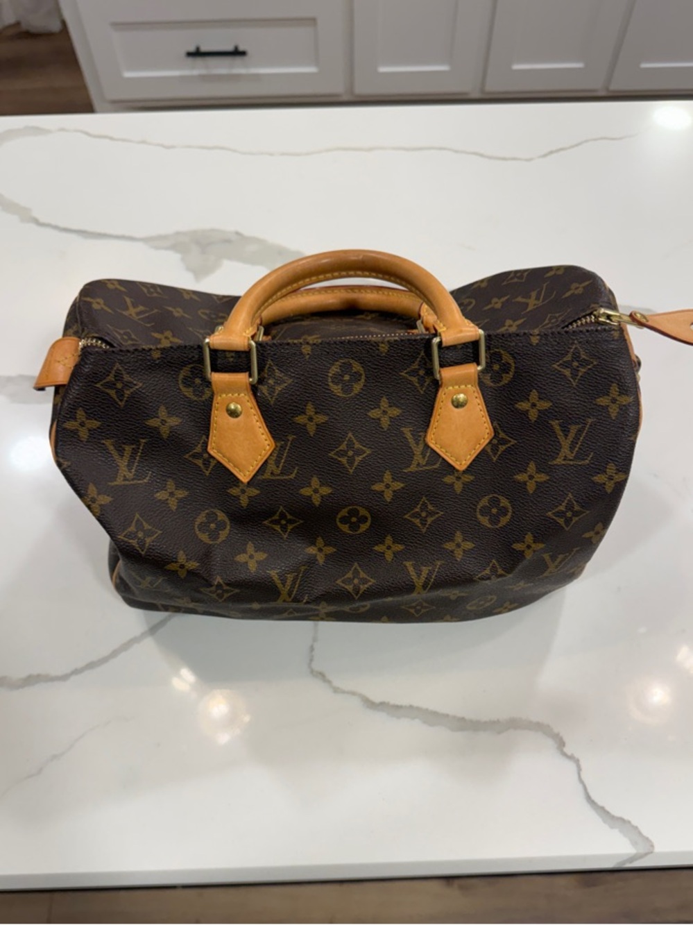 Louis Vuitton Brown Monogram Satchel with Tan Leather Handles